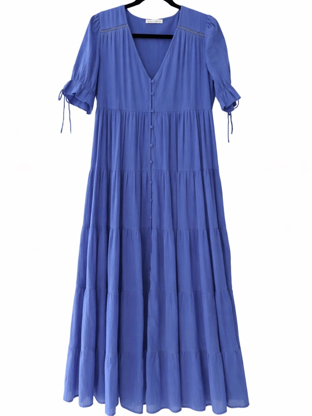 Blue Tiered Midi Dress Boho Cottagecore Button Front Puff Sleeve NWOT Small/Med - Picture 4 of 12